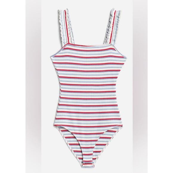 Heatherly Raina Striped Ruffle Strap Knit Bodysuit Multi Women's Size LP NWT - Picture 3 of 9